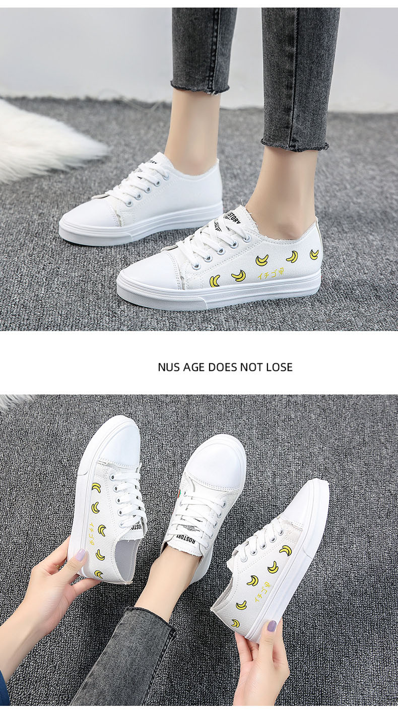 レディーススリッポン 厚底レディース靴 軽量バナナ苺柄 歩きやすい白色スニーカー