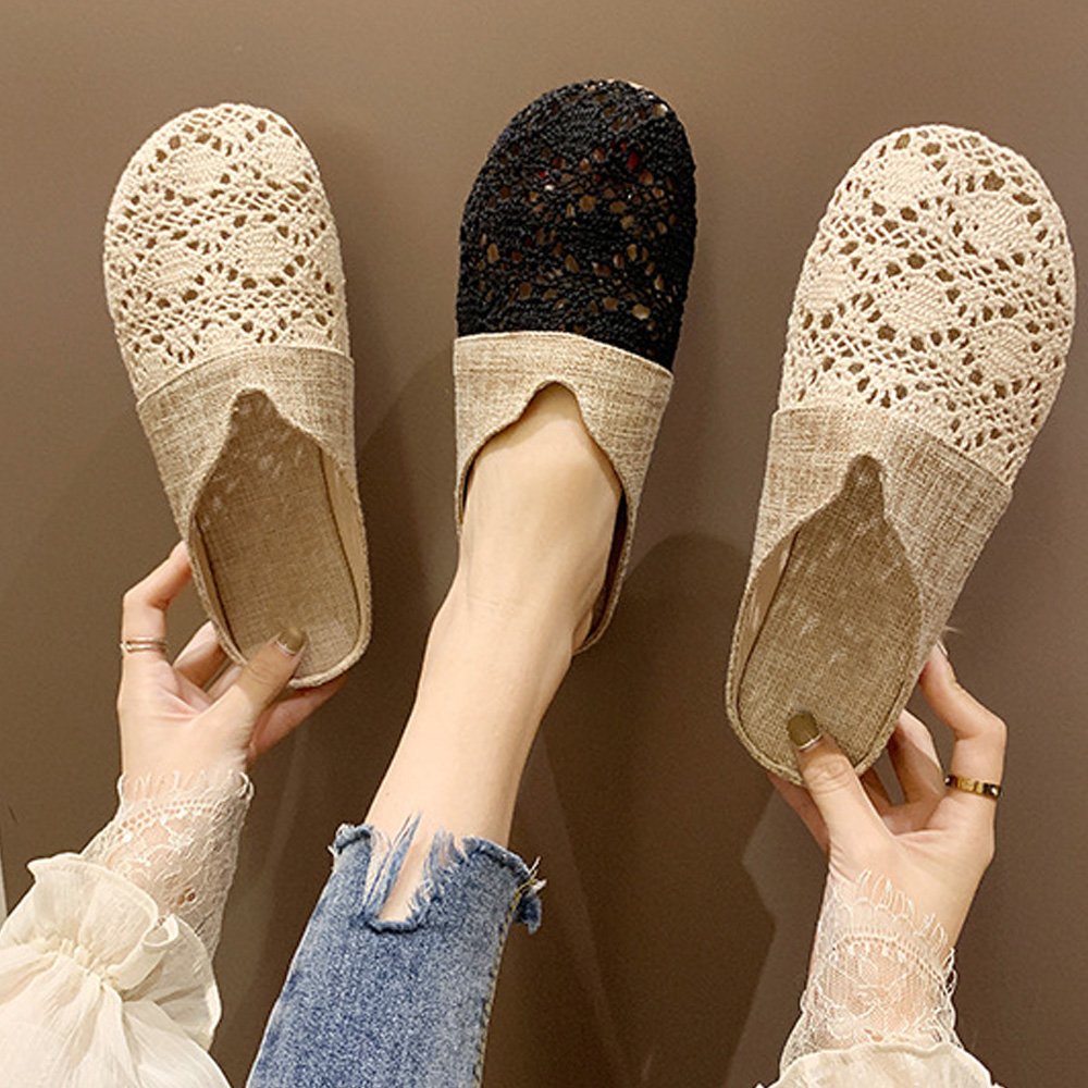 レディーススリッポン 幅広レディース編みぺたんこミュールサンダル