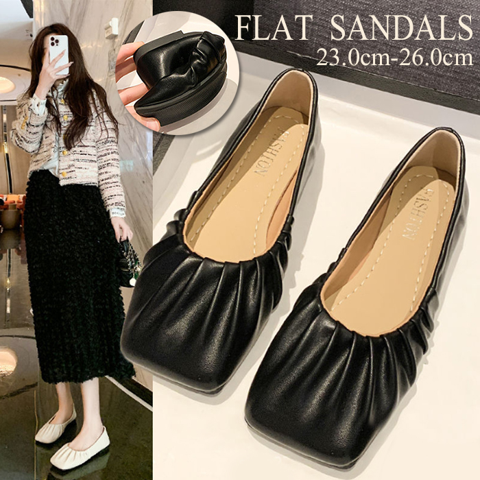 レディーススリッポン 軽量ぺたんこパンプス スクエアトゥ 幅広設計 フラットソール