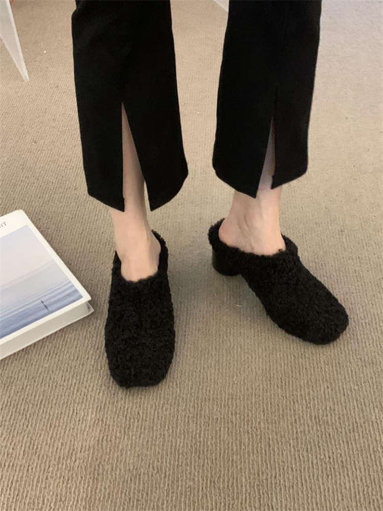 レディーススリッポン 幅広対応 もこもこ羊毛ミュール 暖かスリッパ パンプス