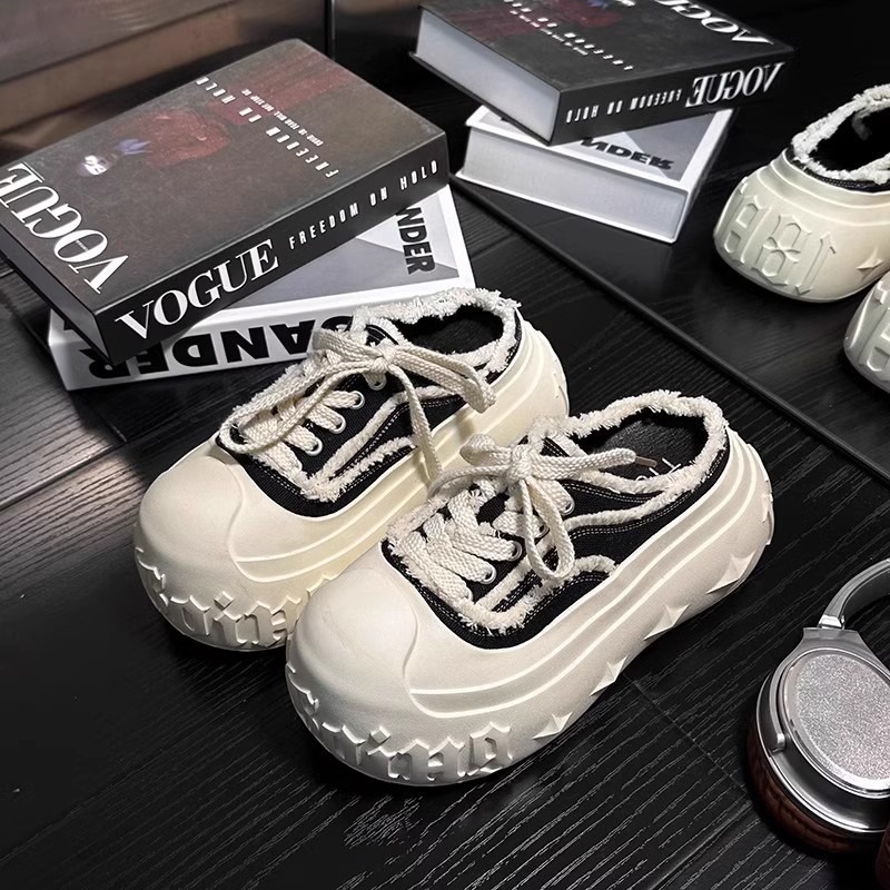 レディーススリッポン 厚底デニムサンダル レディース 編み上げミュール靴