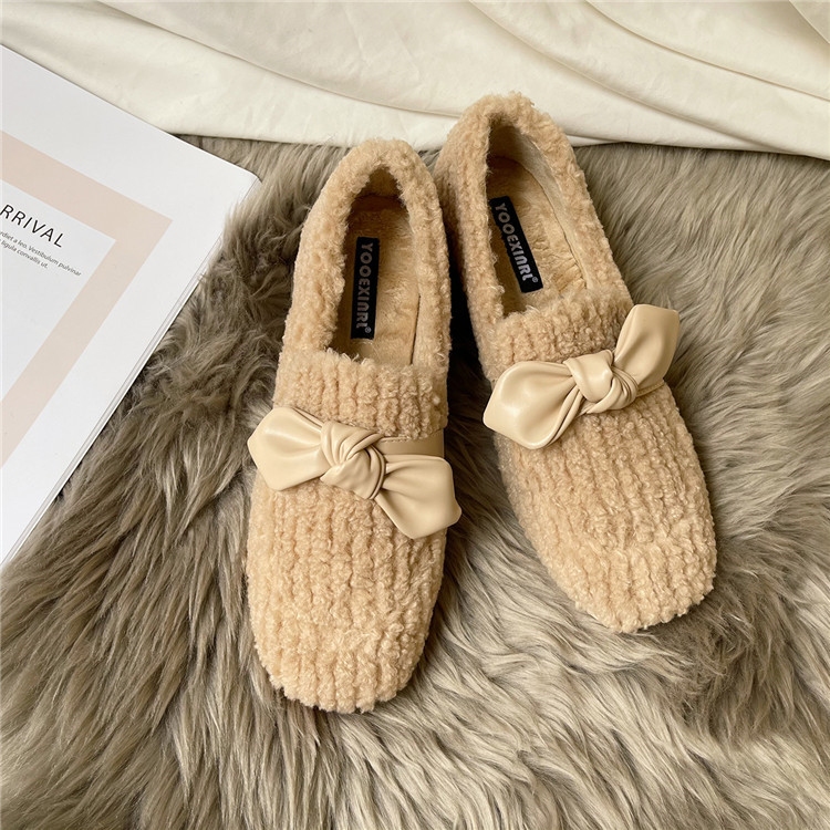 レディーススリッポン 蝶結び付き幅広もこもこ裏起毛レディース靴