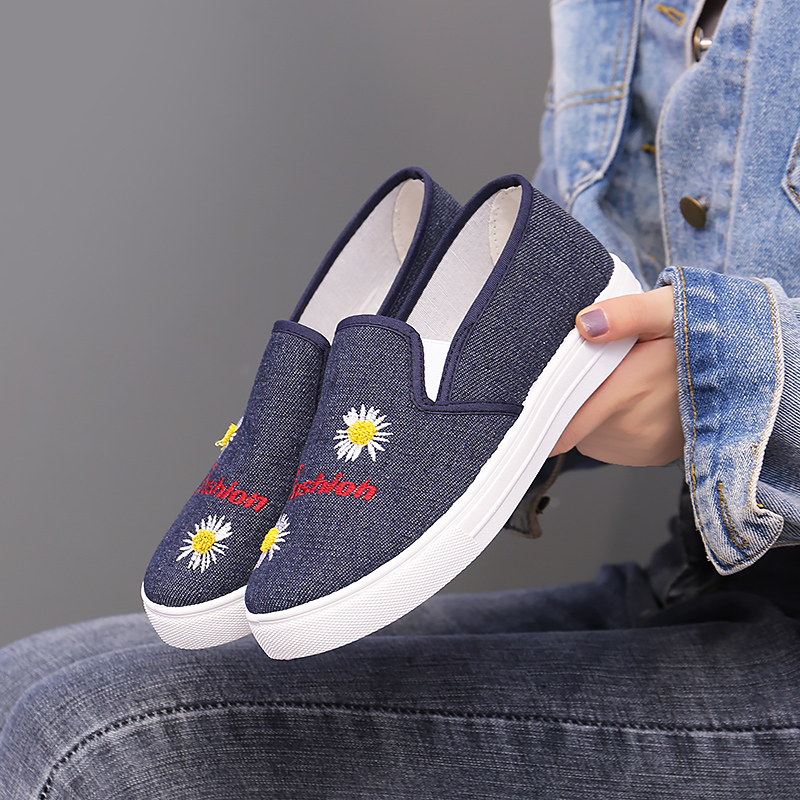 レディーススリッポン 花刺繍デニム風厚底スリッポン