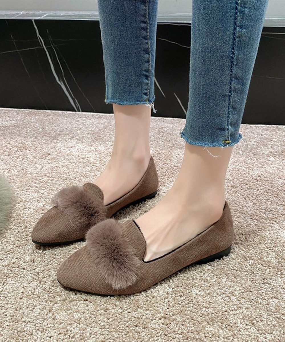 レディーススリッポン ファー付きポインテッドトゥスリッポン