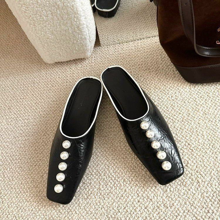 レディーススリッポン 幅広対応パール付き角先半履きぺたんこ靴2024秋冬