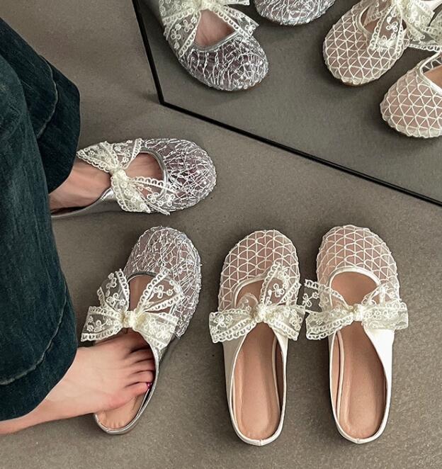 レディーススリッポン 幅広対応レースリボン付きぺたんこミュールサンダル