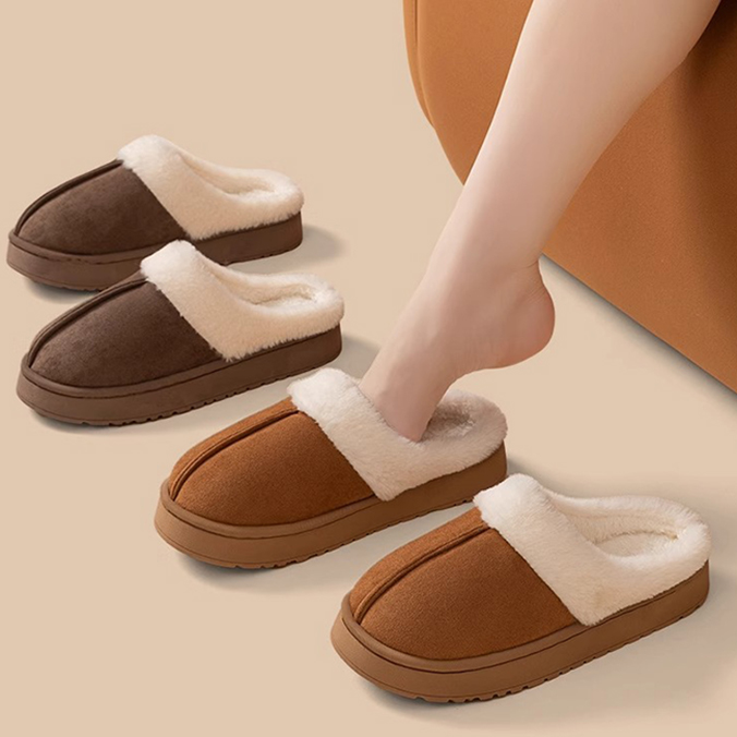 レディーススリッポン 幅広対応 人工毛皮裏ボア厚底サンダル 秋冬女性用スリッパ