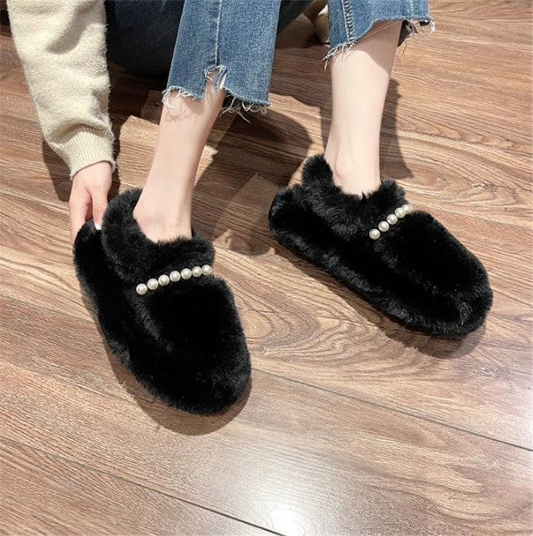 厚底ファー付きパール装飾レディーススリッポン