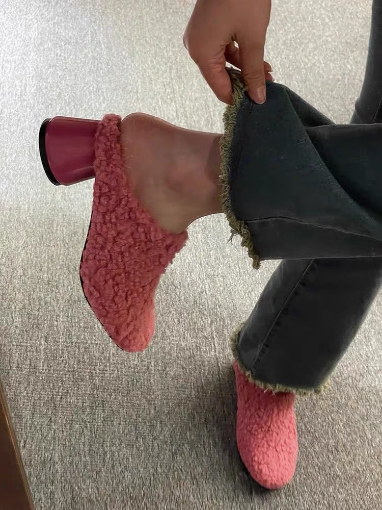 レディーススリッポン 幅広対応 もこもこ羊毛ミュール 暖かスリッパ パンプス