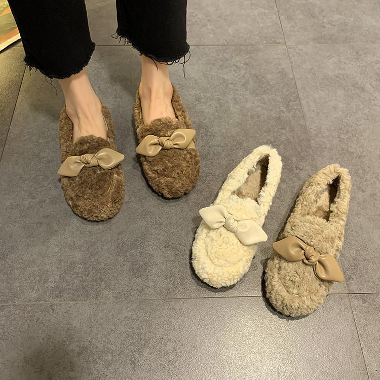 レディーススリッポン 幅広対応 蝶結び ふわもこ裏起毛 厚底綿スリッパ