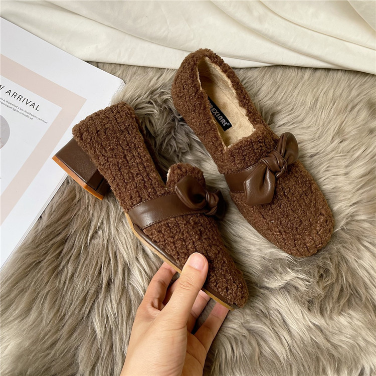 レディーススリッポン 蝶結び付き幅広もこもこ裏起毛レディース靴