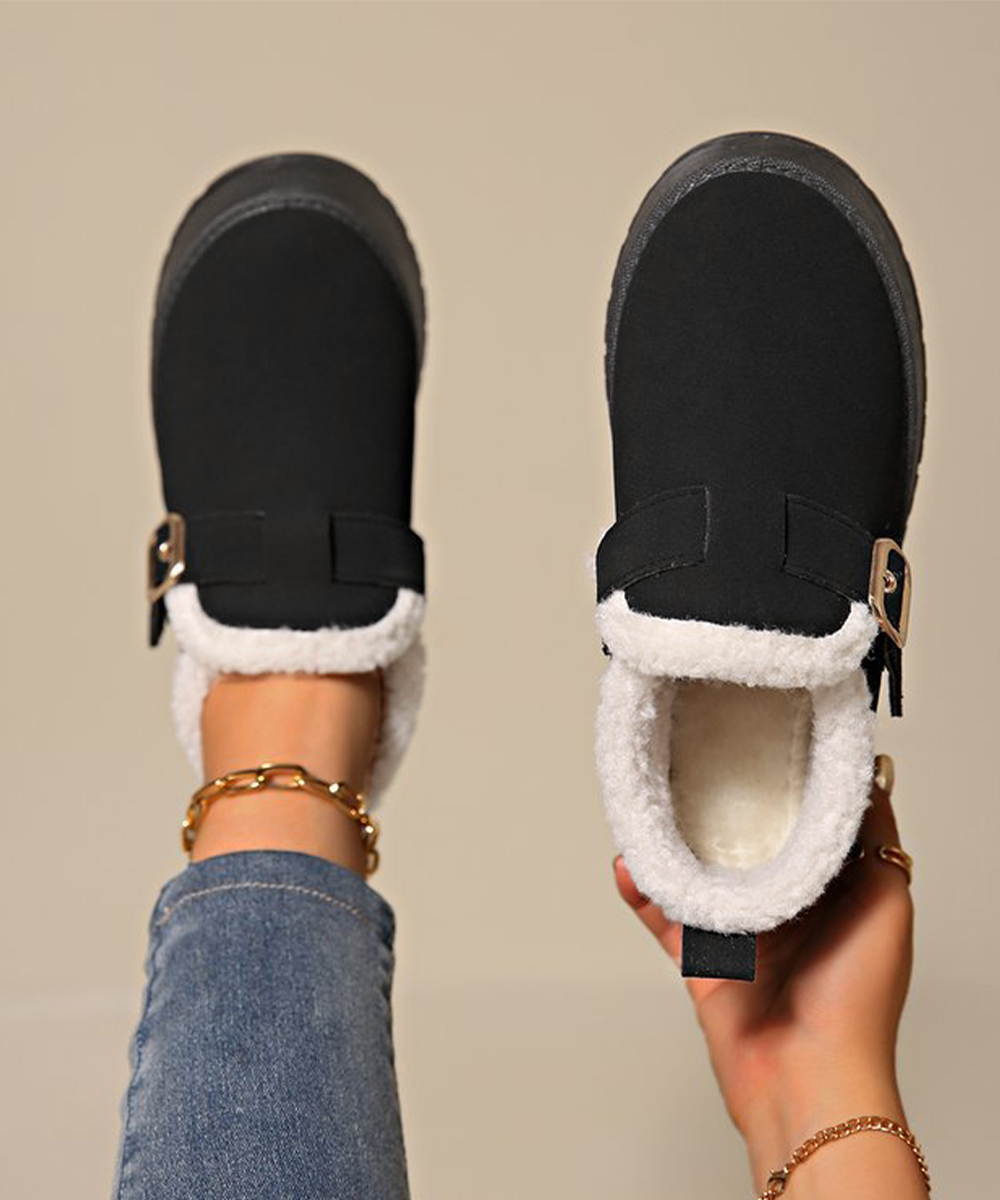 レディーススリッポン 厚底ムートンブーツ 裏起毛ベルト付きショートブーツ