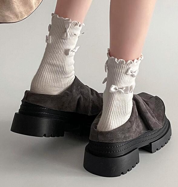 レディーススリッポン レディース厚底つっかけ靴 スエード風リボンデザインパンプス