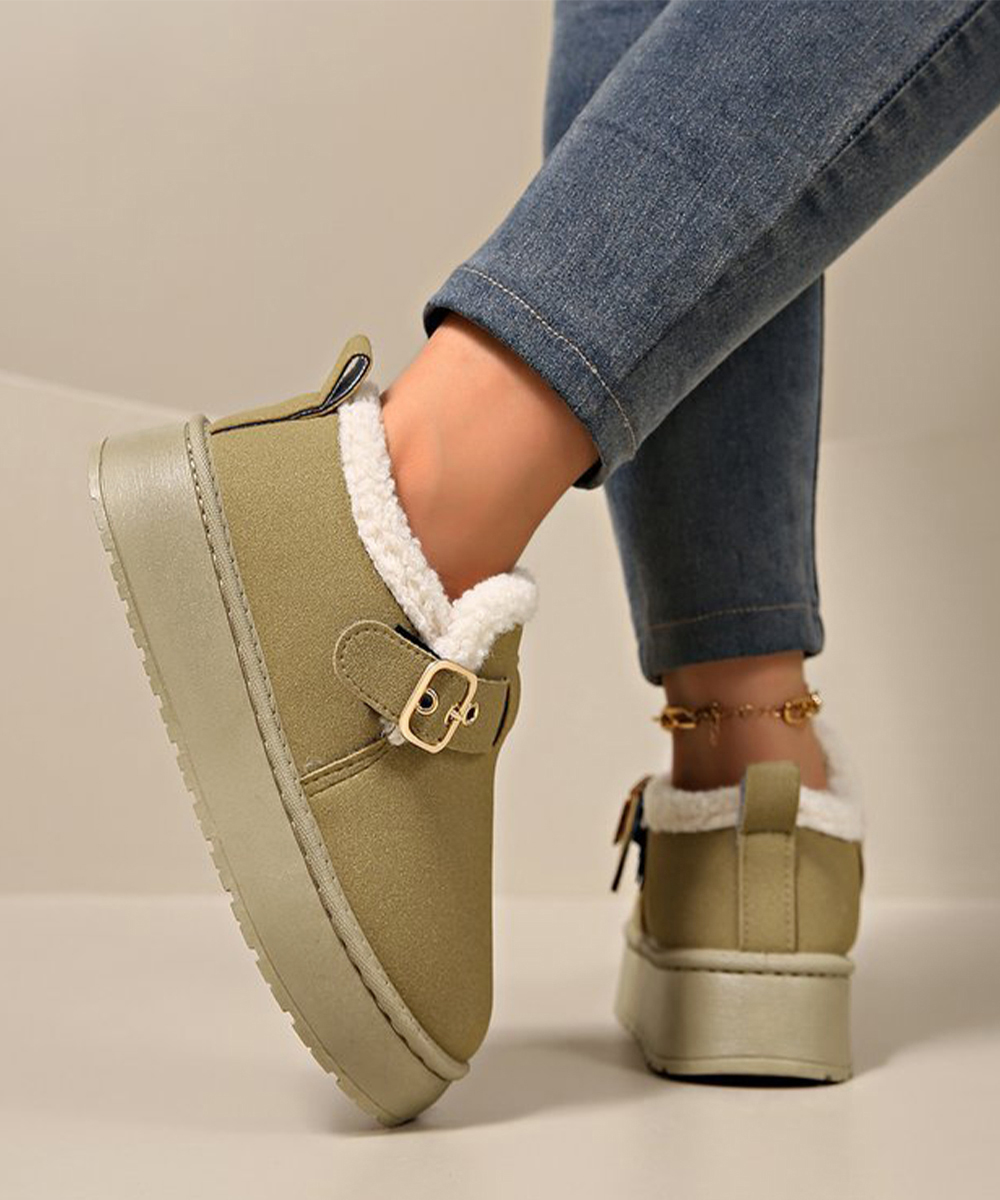 レディーススリッポン 厚底ムートンブーツ 裏起毛ベルト付きショートブーツ