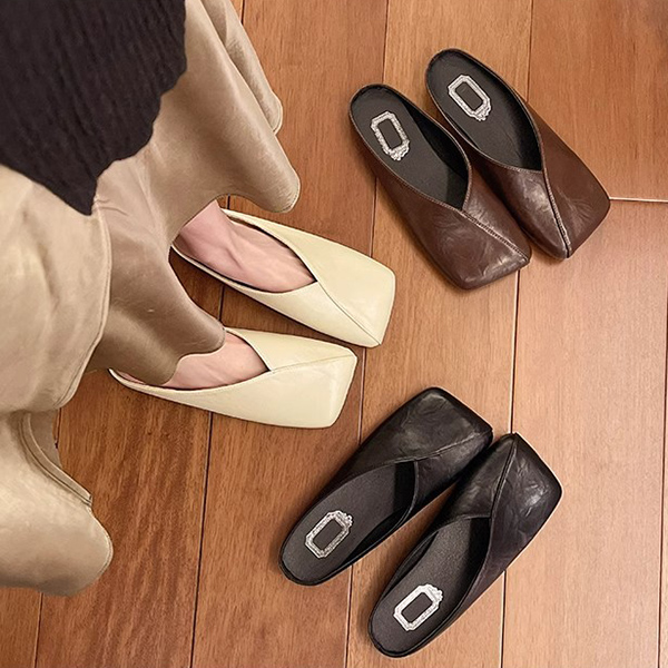 レディーススリッポン 幅広対応 四角つま先ミュール 履きやすいモード靴