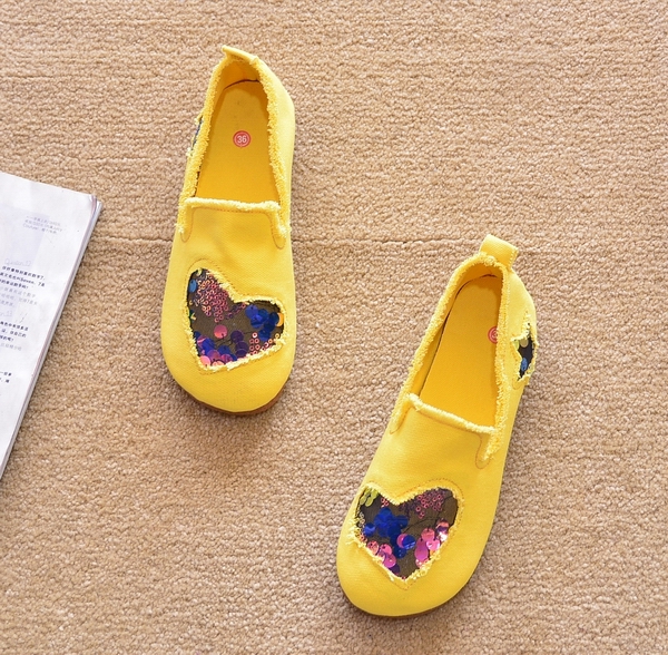 レディーススリッポン スパンコールハート刺繍キャンバス幅広スリッポン