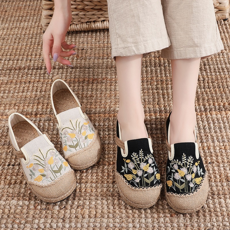 レディーススリッポン 花柄刺繍麻底編み込みぺたんこ靴