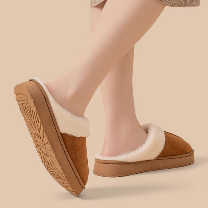 レディーススリッポン 幅広対応 人工毛皮裏ボア厚底サンダル 秋冬女性用スリッパ