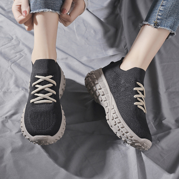 レディーススリッポン レディース厚底ニット靴 通気性抜群メッシュ素材 スタイルアップ