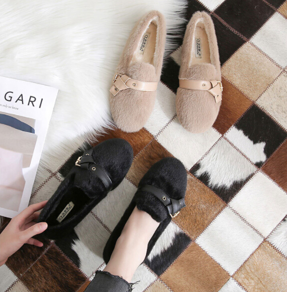 レディーススリッポン 秋冬ファー付きローファー裏起毛