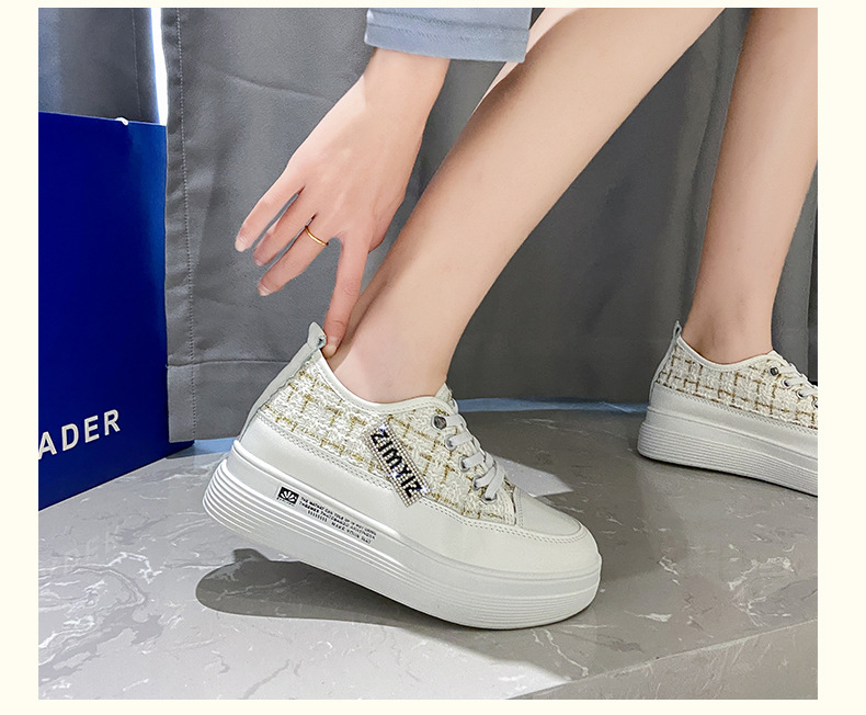 レディーススリッポン 2024新作 厚底スニーカー ツイード調 身長アップ 紐靴