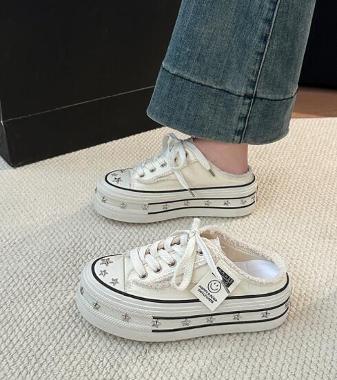 レディーススリッポン 厚底スター柄レディース靴 つっかけ風パンプス