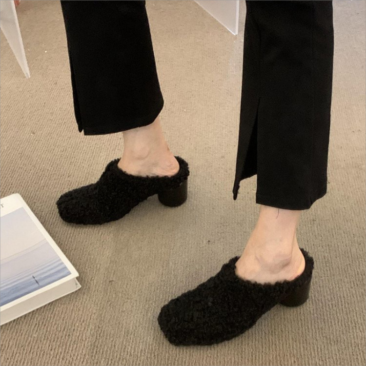 レディーススリッポン 幅広対応 もこもこ羊毛ミュール 暖かスリッパ パンプス