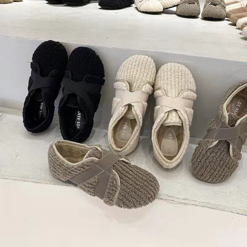 レディーススリッポン 幅広対応 ふわふわニット素材 丸トゥバレエシューズ 秋冬新作