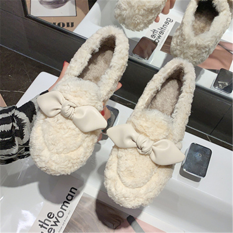 レディーススリッポン 幅広対応 蝶結び ふわもこ裏起毛 厚底綿スリッパ