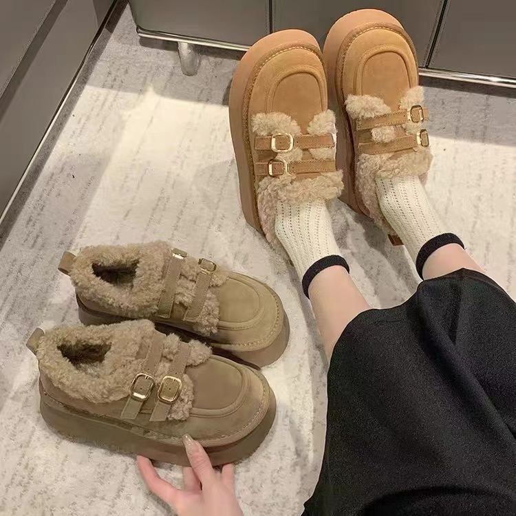 レディーススリッポン 厚底もこもこ羊毛風ショート靴 裏ボア暖か女性用