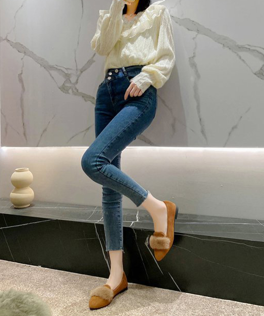 レディーススリッポン ファー付きポインテッドトゥスリッポン