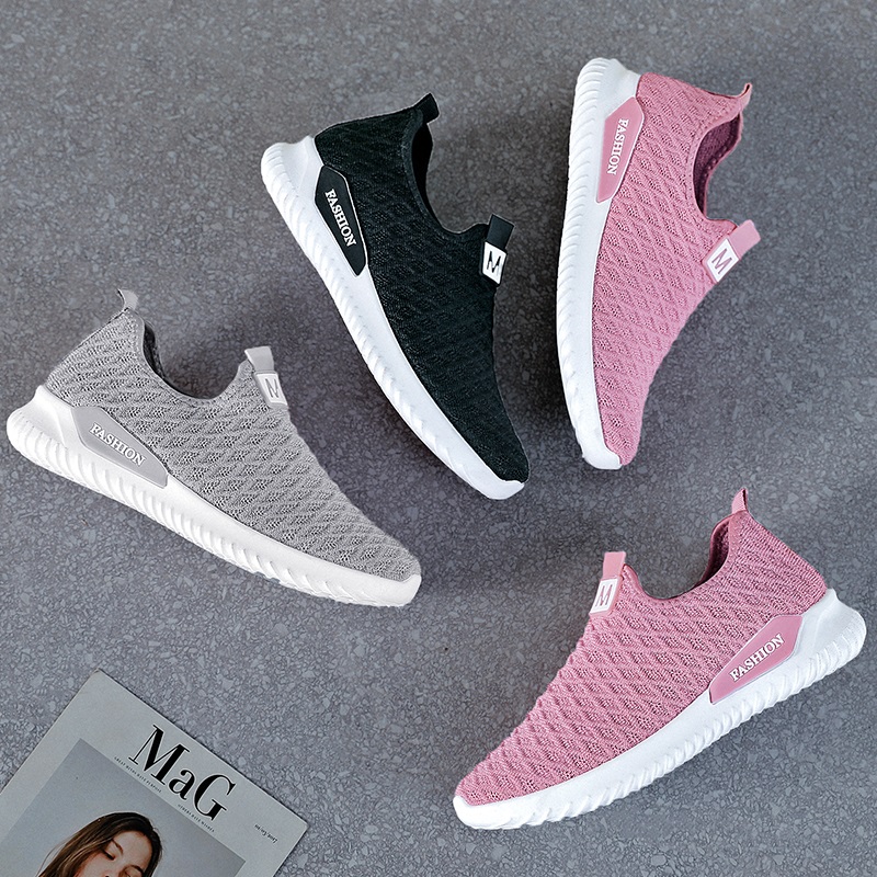 レディーススリッポン 通気性抜群ニット編み厚底スリッポン