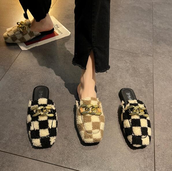 レディーススリッポン 秋冬レディース幅広チェック柄ファーミュール金具付きスリッポン