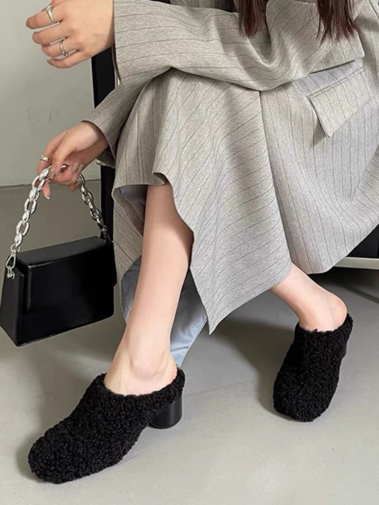 レディーススリッポン 幅広対応 もこもこ羊毛ミュール 暖かスリッパ パンプス