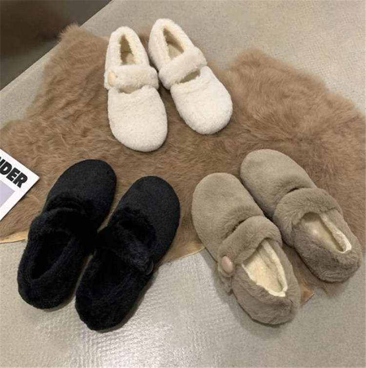 レディーススリッポン レトロ裏起毛ふわもこ幅広フラット靴