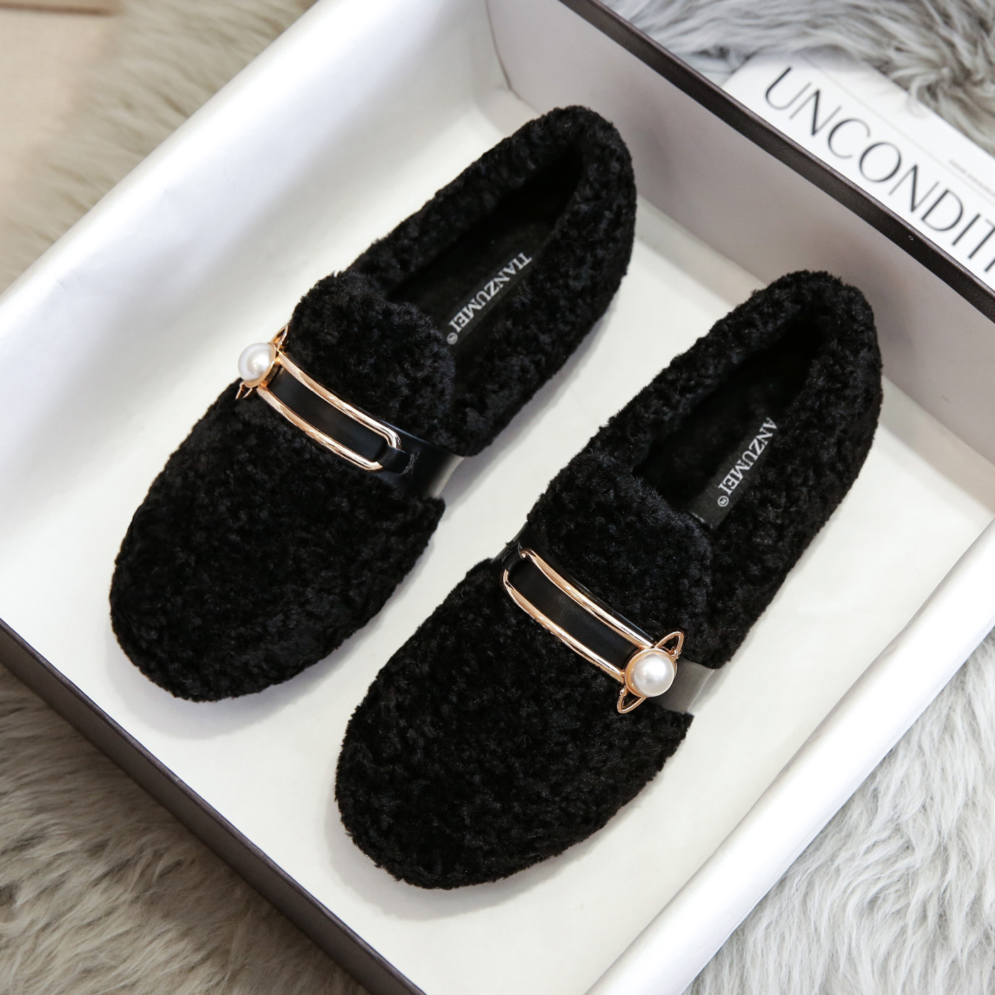 レディーススリッポン 真珠金具付きボアレディーススリッポン幅広