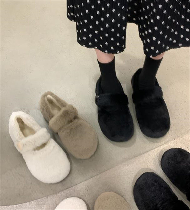 レディーススリッポン レトロ裏起毛ふわもこ幅広フラット靴