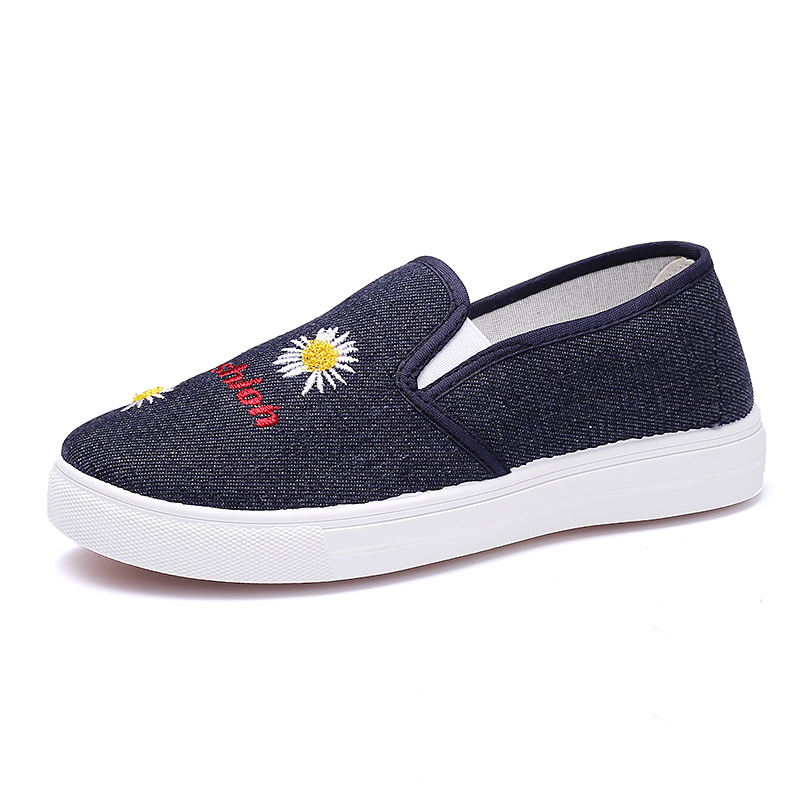 レディーススリッポン 花刺繍デニム風厚底スリッポン