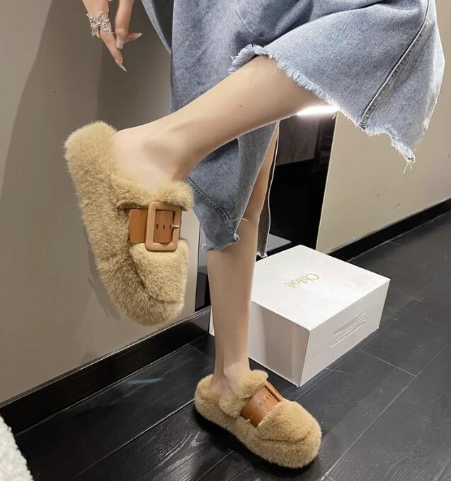 レディーススリッポン 冬新作厚底ファーサンダル保温ふわふわ外履き対応