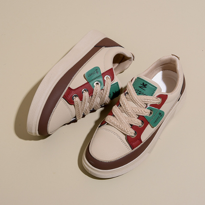 レディーススリッポン レディース厚底配色紐靴レトロ風合成皮革運動靴