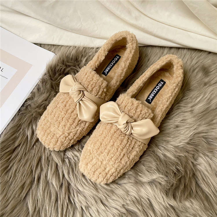 レディーススリッポン 蝶結び付き幅広もこもこ裏起毛レディース靴