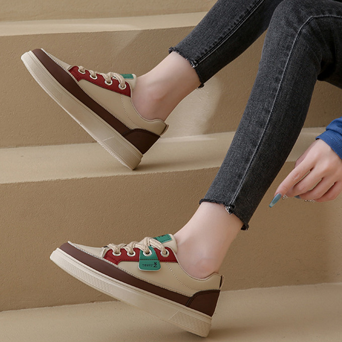 レディーススリッポン レディース厚底配色紐靴レトロ風合成皮革運動靴