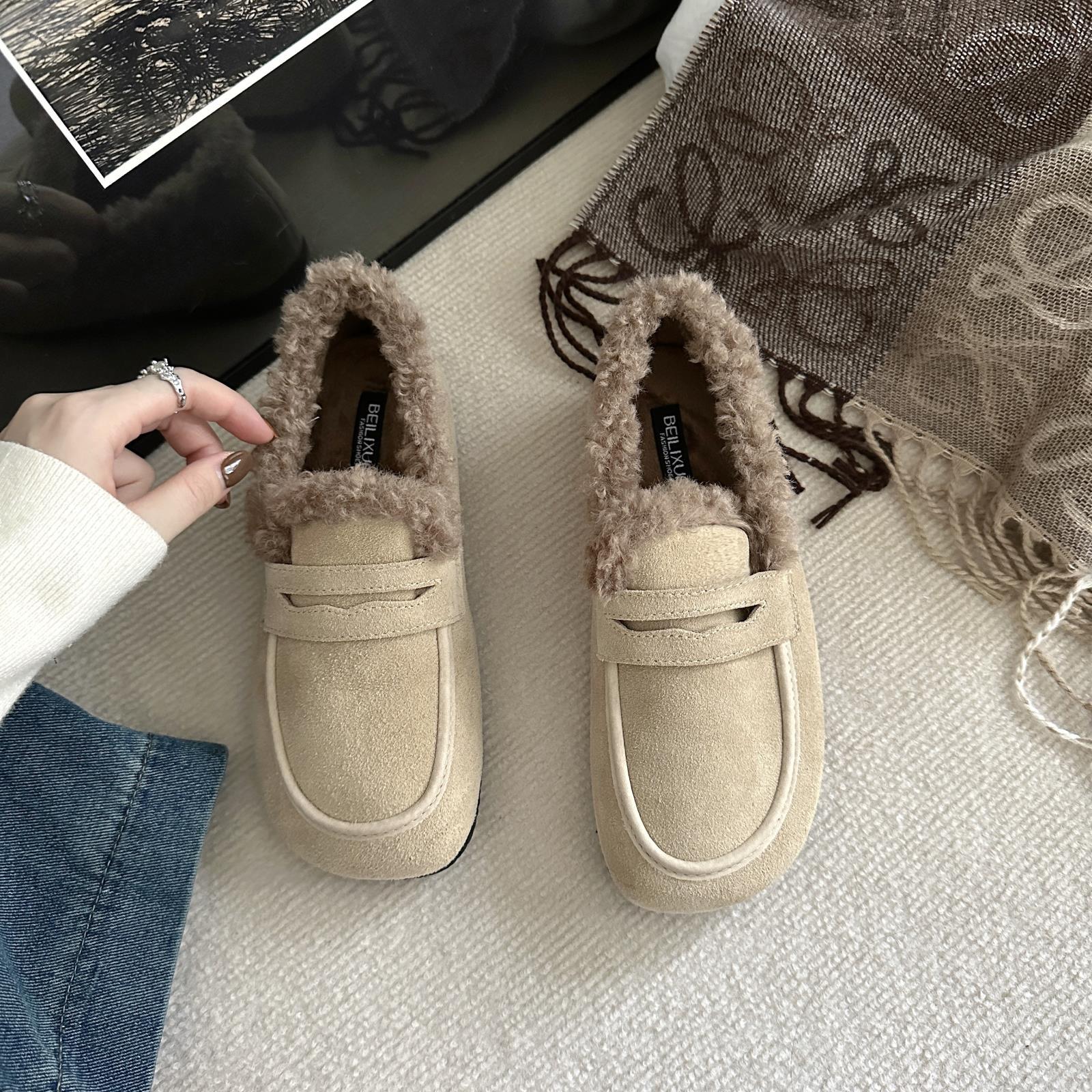 レディーススリッポン 幅広ボア付きもこもこ履き心地のスエード調レディース靴