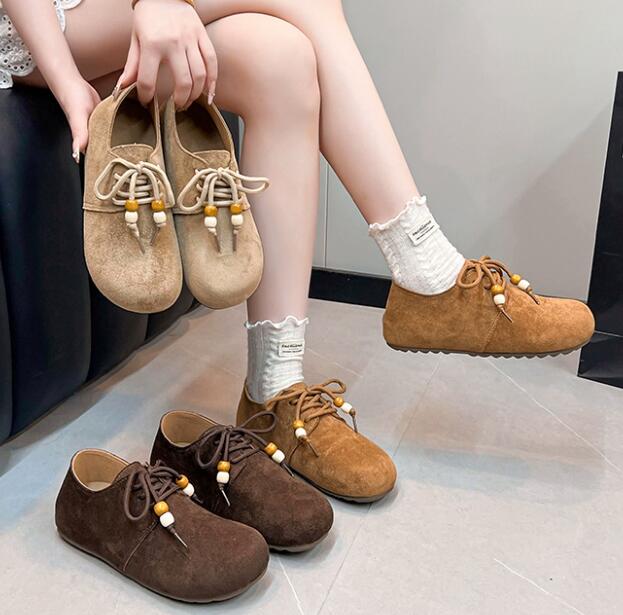 レディーススリッポン 幅広対応 丸つま先合皮ローファー風フラット靴