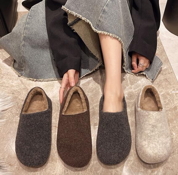 レディーススリッポン 秋冬レディース裏起毛スリッポン暖かフラットシューズ