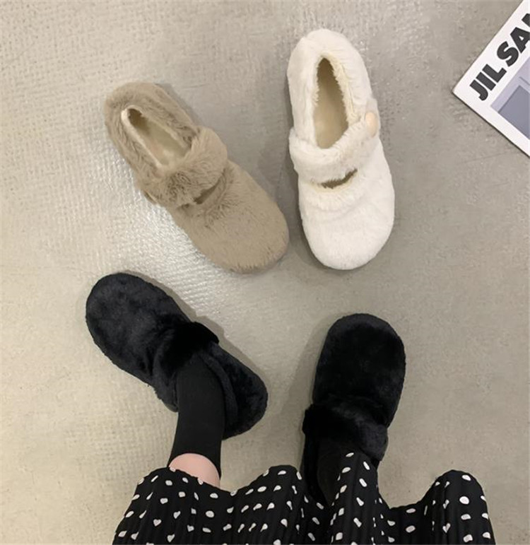 レディーススリッポン レトロ裏起毛ふわもこ幅広フラット靴