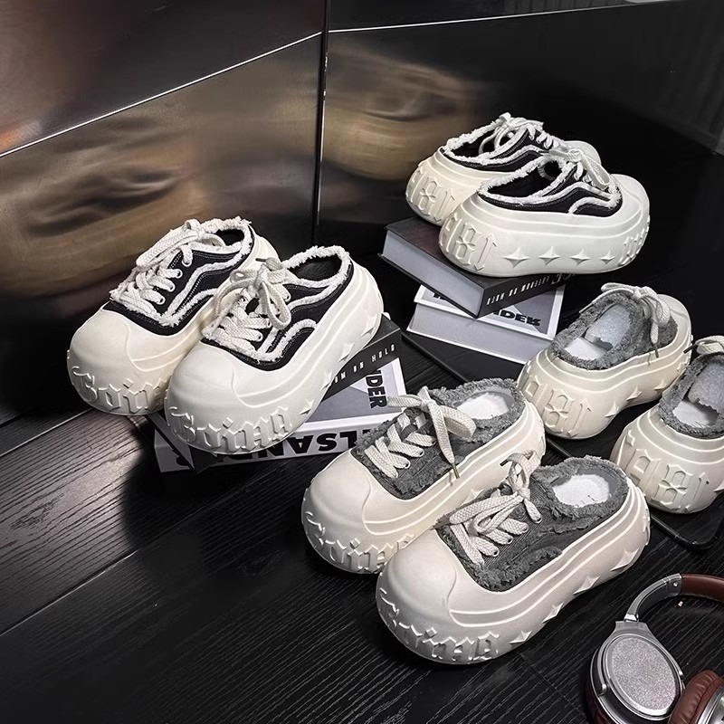 レディーススリッポン 厚底デニムサンダル レディース 編み上げミュール靴