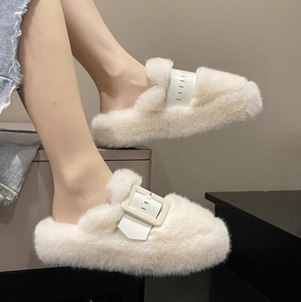 レディーススリッポン 冬新作厚底ファーサンダル保温ふわふわ外履き対応