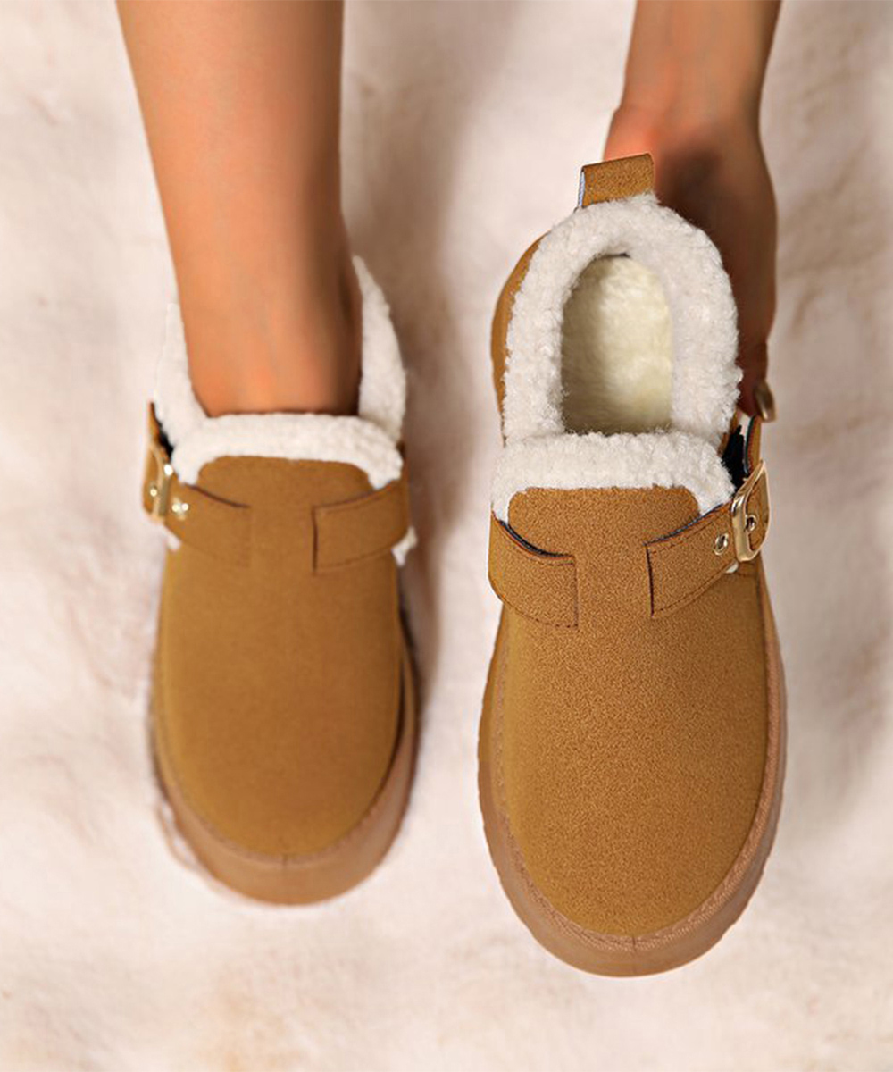 レディーススリッポン 厚底ムートンブーツ 裏起毛ベルト付きショートブーツ