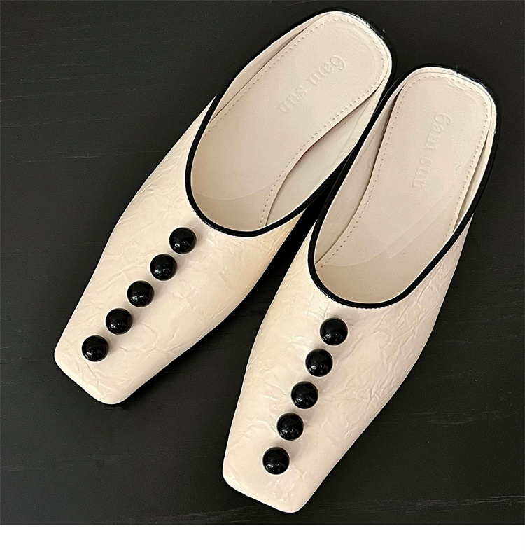 レディーススリッポン 幅広対応パール付き角先半履きぺたんこ靴2024秋冬